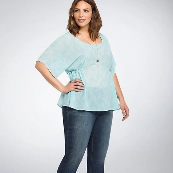 Torrid Aqua Turquoise Feather Print Side Cinch Tie Semi Sheer Chiffon Top - Picture 1 of 13